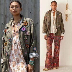 NEW Alix Of Bohemia Khaki Embroidered Commando Jacket Light Wash Size: Small